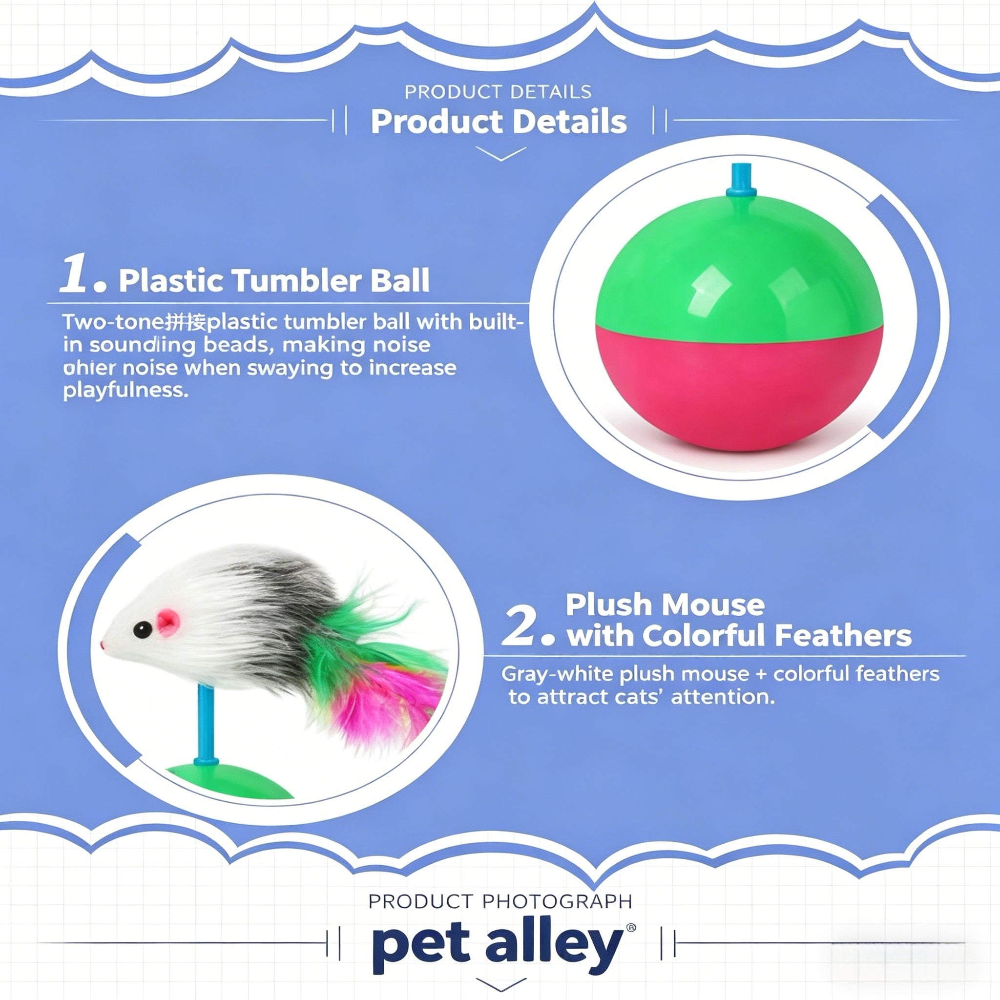 Pet Alley Tumbler Cat Toy, Interactive Feather Mouse Roly-Poly Cat Toy, Durable Kitten Teaser Toy for Bored Indoor Cats, Engaging Cat Exercise Toy for Kitten & Adult Cats