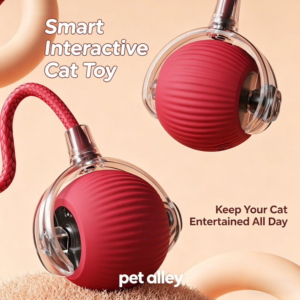 Pet Alley Interactive Smart Cat Toy Ball, Automatic Moving Cat Ball with Rope, USB Rechargeable Self-Rolling Kitten Toy for Bored Indoor Cats, Engaging Cat Exercise Toy for Kitten & Adult Cats
