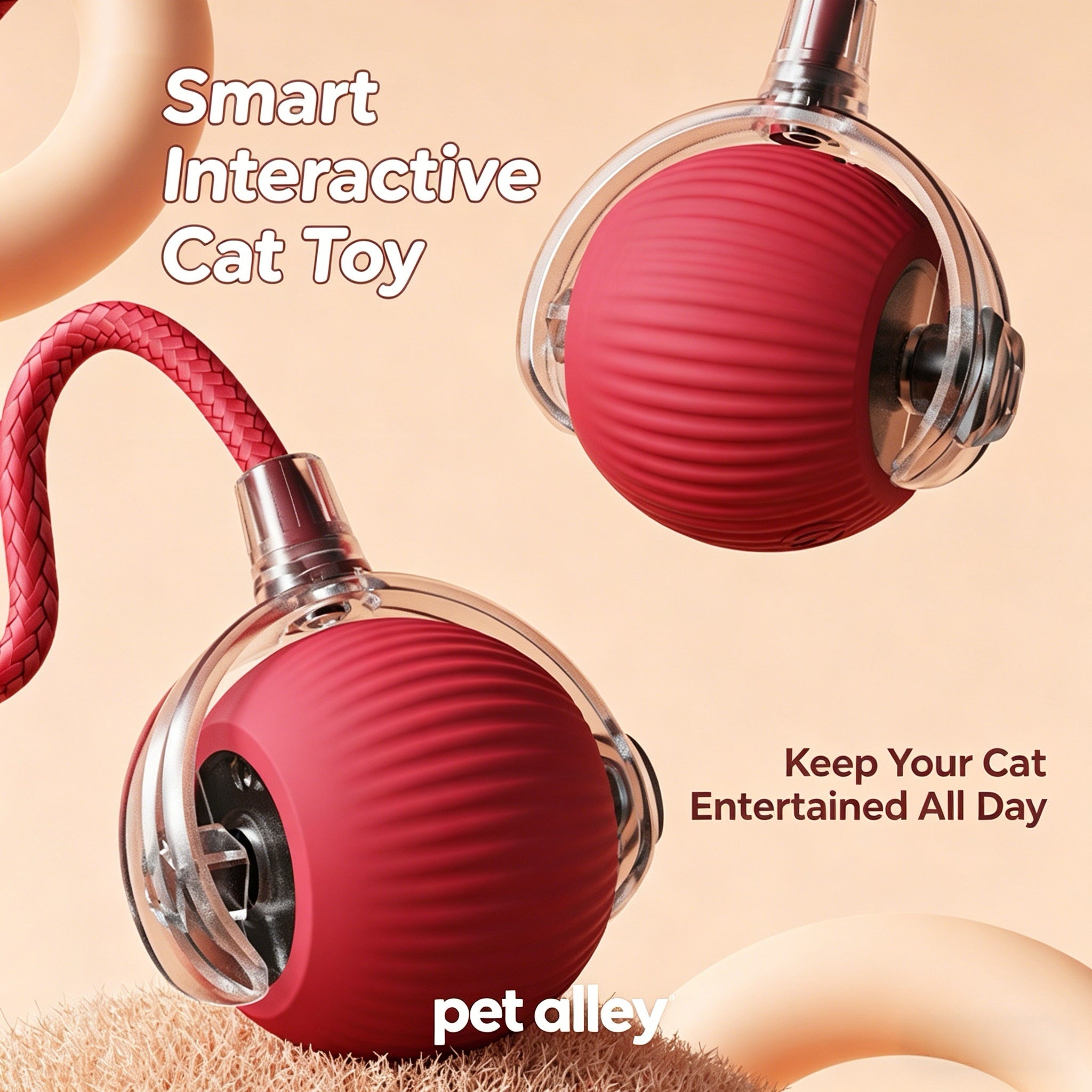Pet Alley Interactive Smart Cat Toy Ball, Automatic Moving Cat Ball with Rope, USB Rechargeable Self-Rolling Kitten Toy for Bored Indoor Cats, Engaging Cat Exercise Toy for Kitten & Adult Cats