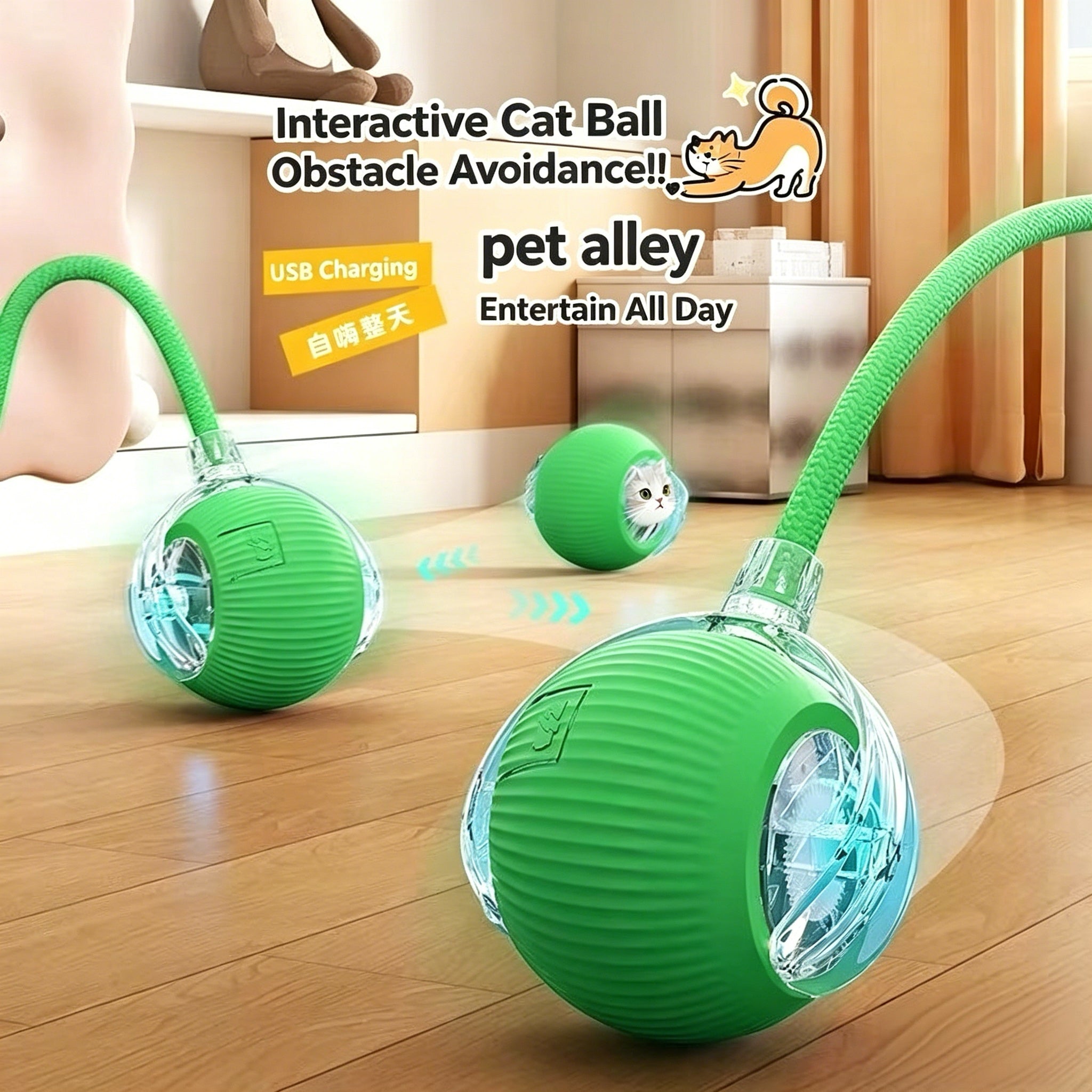 Pet Alley Interactive Smart Cat Toy Ball, Automatic Moving Cat Ball with Rope, USB Rechargeable Self-Rolling Kitten Toy for Bored Indoor Cats, Engaging Cat Exercise Toy for Kitten & Adult Cats
