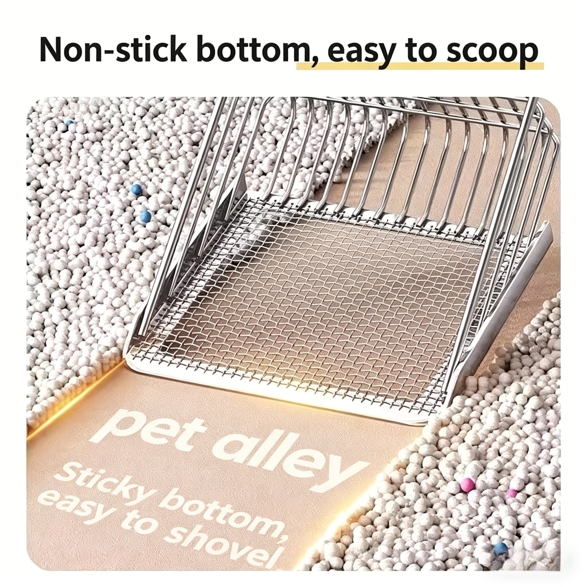 Pet Alley Dual-Mesh Metal Cat Litter Scooper, Heavy-Duty Stainless Steel Sifter Litter Box Scoop with Wooden Handle, Fast Sifting Litter Cleaner for All Cat Litter Types, Anti-Corrosion & Non-Stick